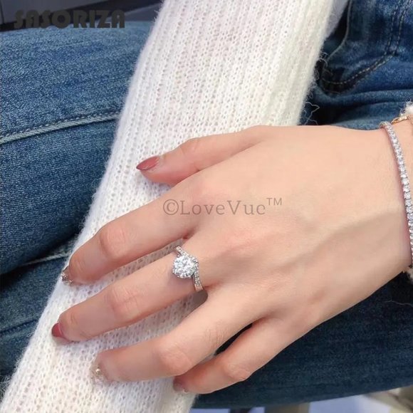 Certified 1ct. t.w. Diamond Moissanite Solitaire Chevron Engagement Wedding Ring - Picture 5 of 16